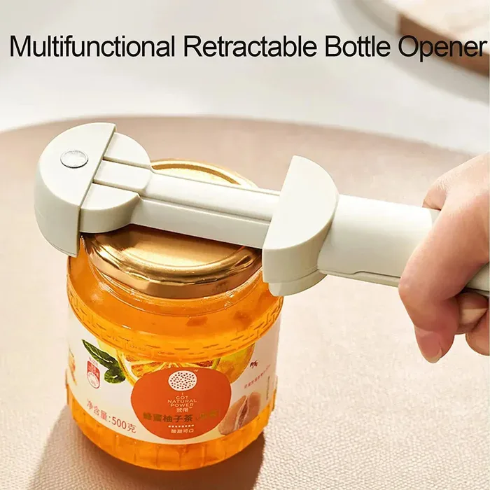 Retractable bottle opener adjusting to different cap sizes